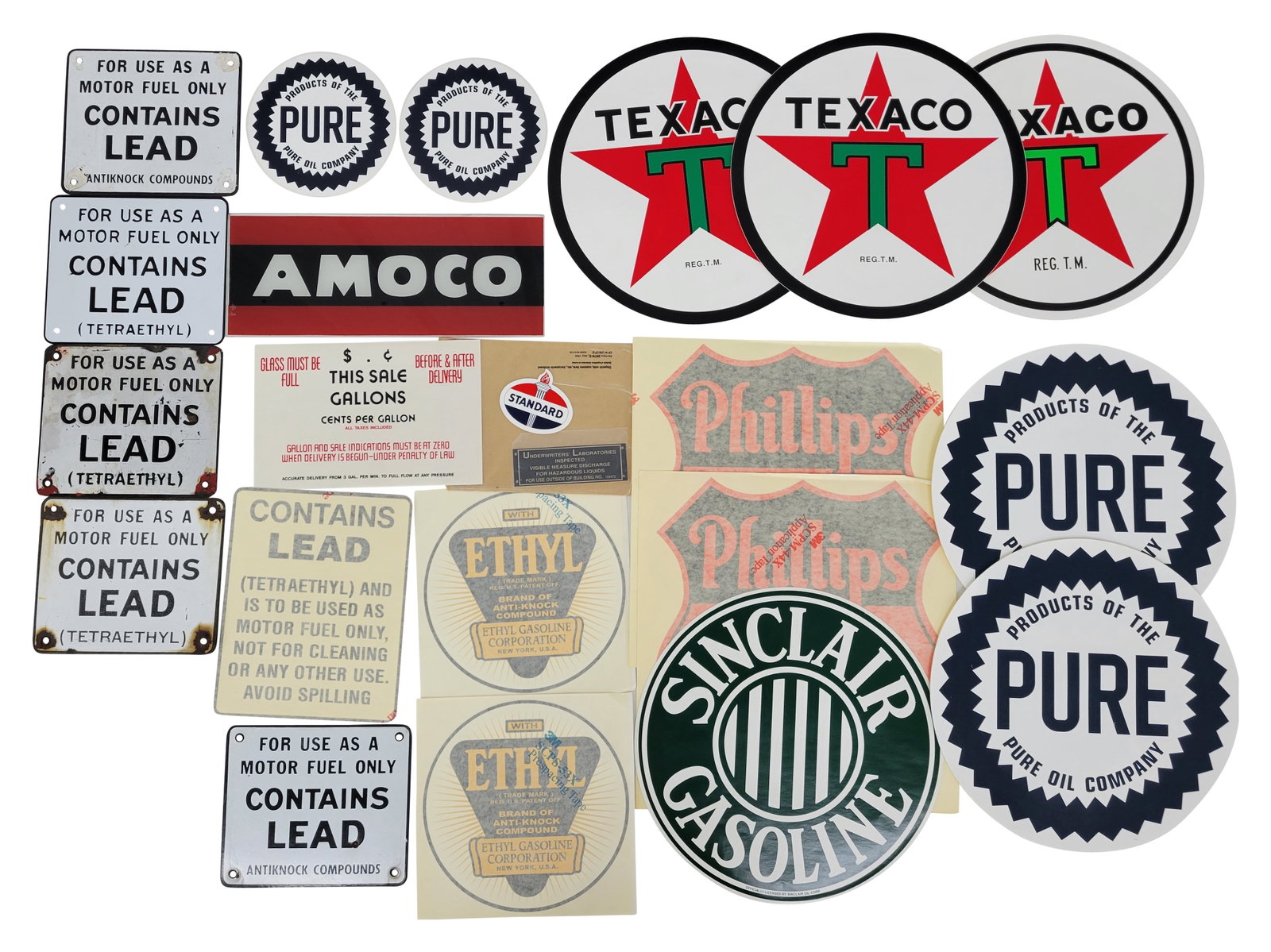 Texaco, Pure, Phillips 66, Misc. Gas Pump Decals, Ad Glass, and Porcelain Pump Plates: This lot consists of one 12" x 5" AMOCO gas pump ad glass in new unused condition, one 7" x 6" reproduction Contains Lead pump plate in new condition with several scuffs, 4 porcelain Contains Lead pum