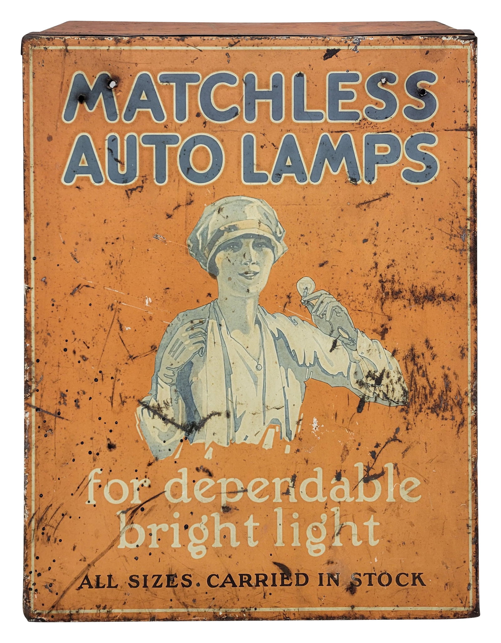 Matchless Auto Lamps Metal Display Cabinet: 13.5" x 17" x 9.5" metal cabinet exhibits typical signs of age and wear with fading and rust. There are several small holes on the top front panel. This cabinet does not open on the front. It is made 