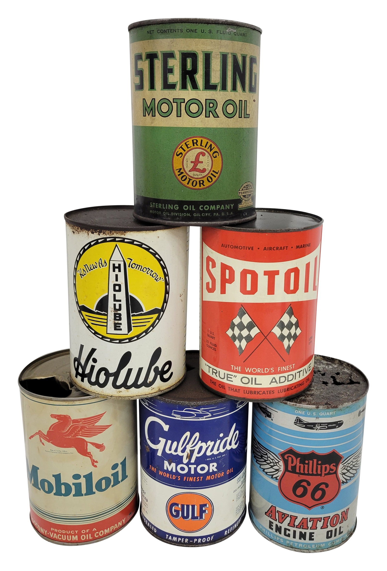Group of 6 Metal Quart Oil Cans Hiolube Phillips 66 Aviation Sterling Gulf & more (1 of 2)