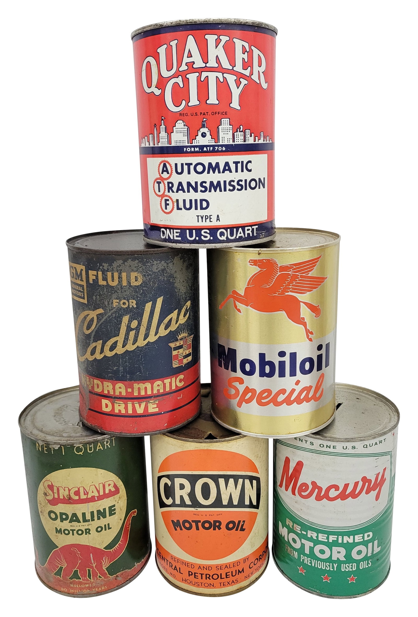 Group of 6 Metal Quart Cans Crown Central Sinclair Opaline Cadillac & More (1 of 2)