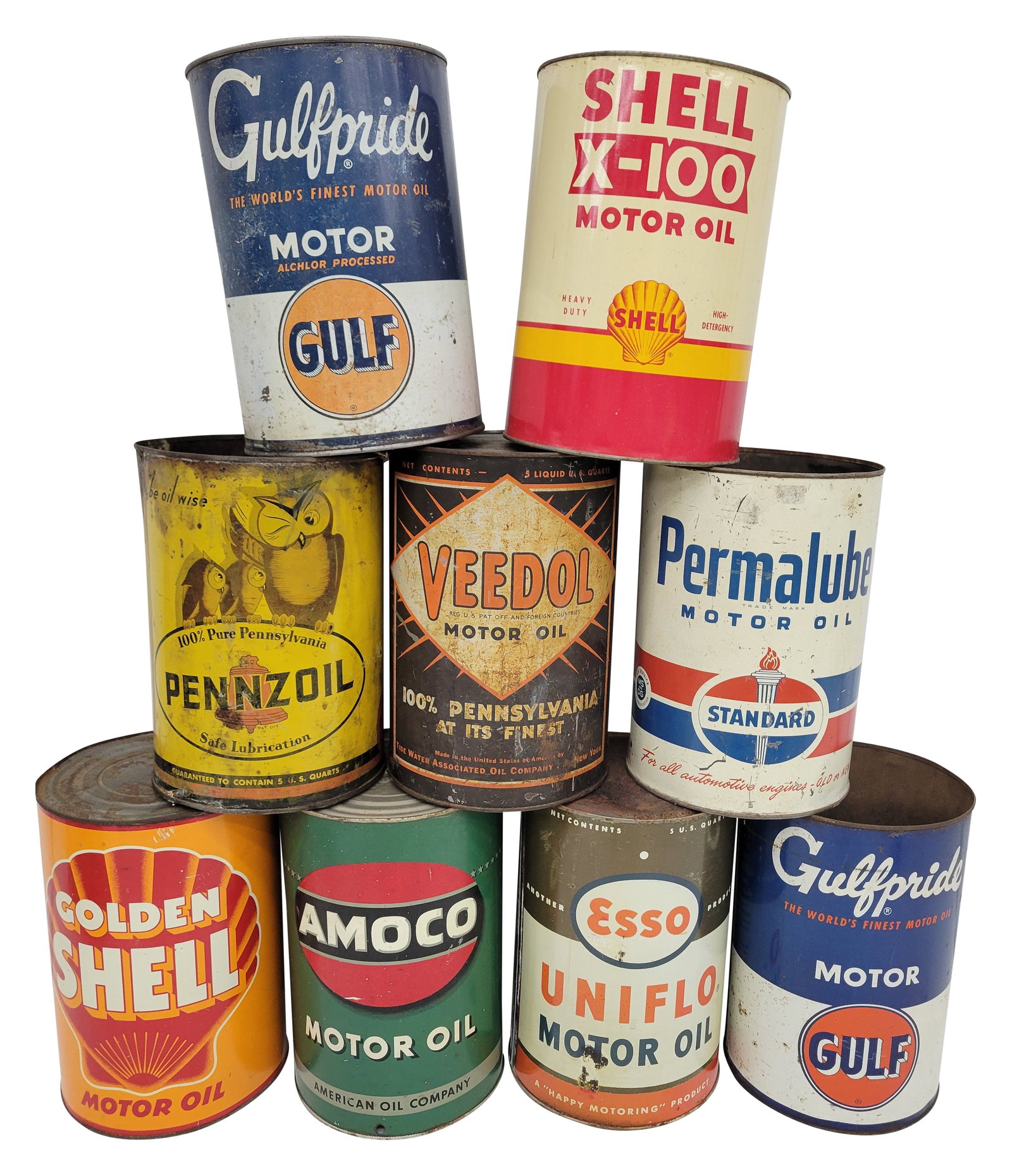 Group of 9 Metal Five Quart Motor Oil Cans Golden Shell Esso Pennzoil (1 of 2)