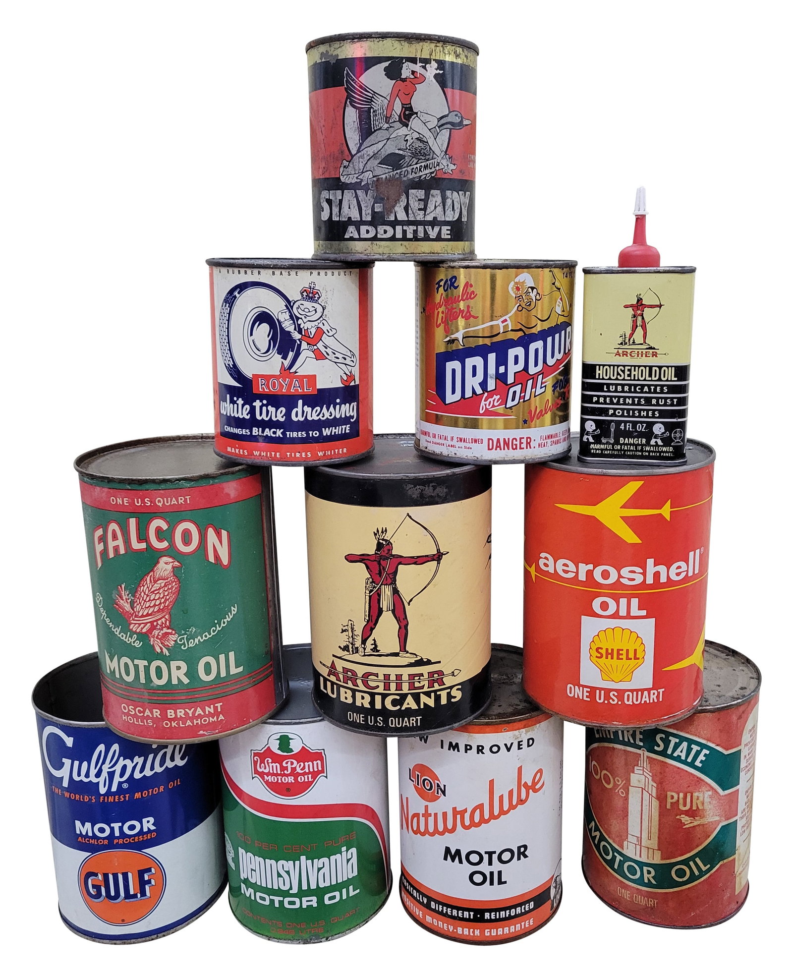 Group of 11 Oil & Auto Themed Cans Lion Stay Ready Gulf & More: Group of eleven oil and auto-themed cans. Nine of the cans are metal and the Empire State and Wm. Penn are composite. The group includes Stay Ready, Lion Naturalube and more. The Gulf can is missing t