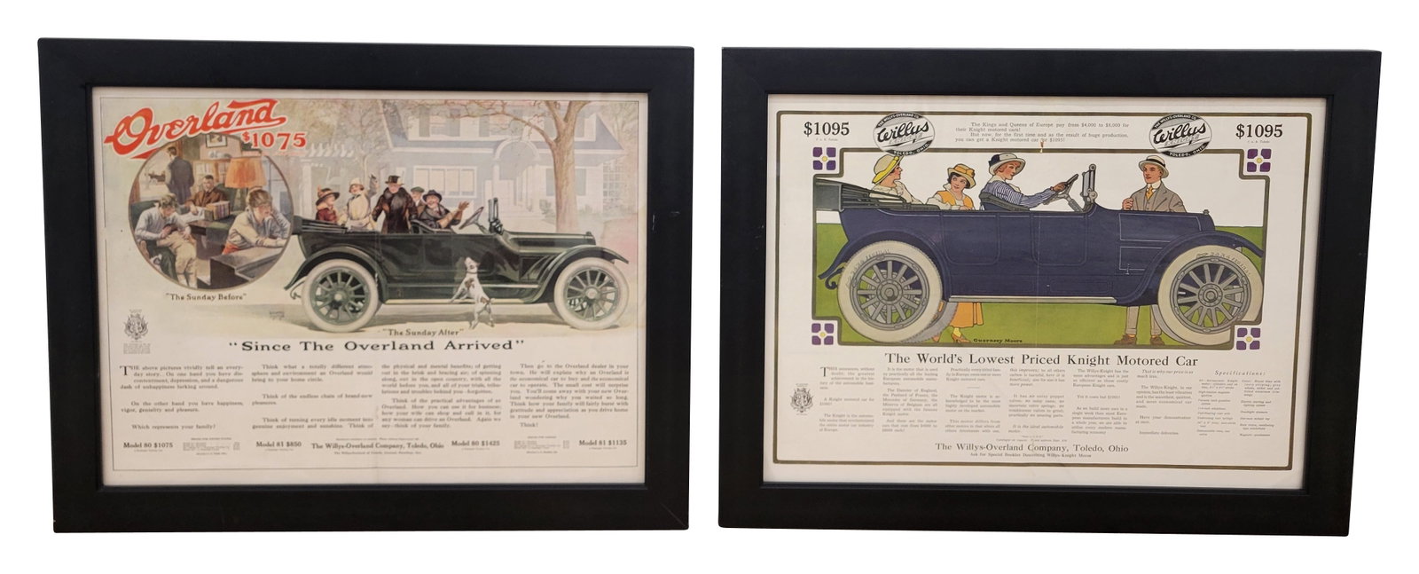Overland Model 81 and Willy's Knight Framed Paper Automobile Advertisements (1 of 3)