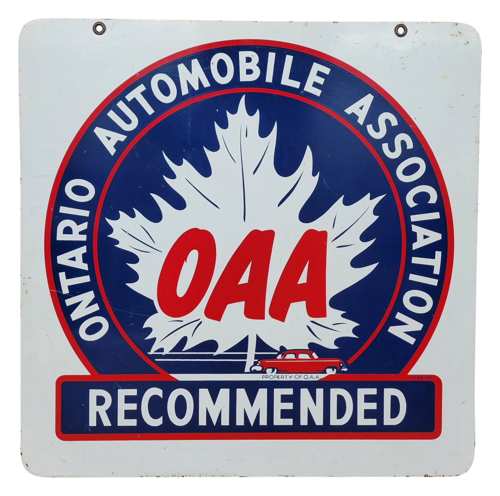 Ontario Automobile Association Recommended Double Sided Sign: 20" x20" double sided metal sign exhibits good color with moderate throughout each side including small scratches and small areas of chipped paint.