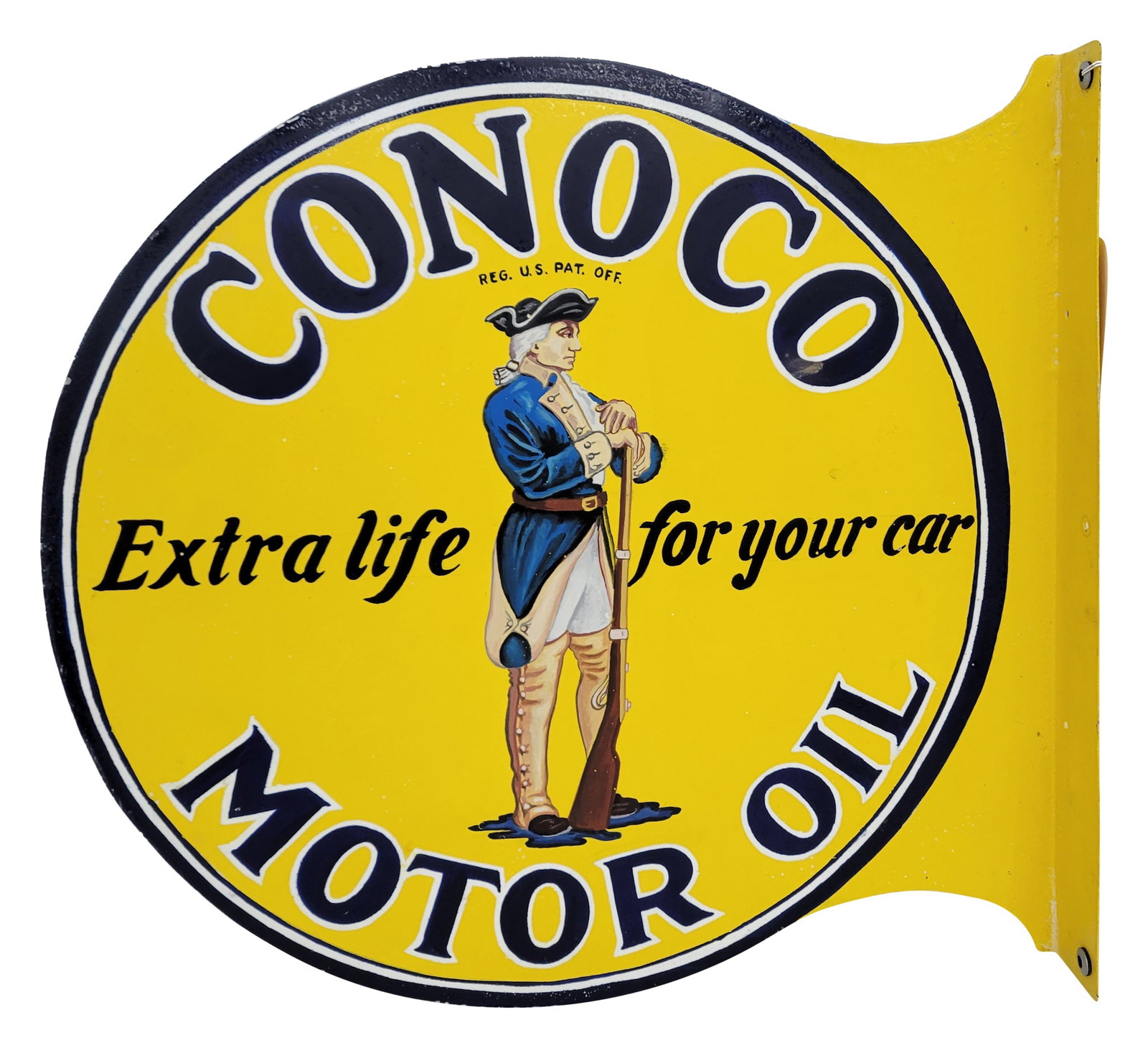 Conoco Motor Oil Minuteman Flange Sign: 19" x 18" professionally painted double sided metal flange sign features exceptional detailed minuteman graphics on each side. It displays very well with strong colors throughout. Age unknown.