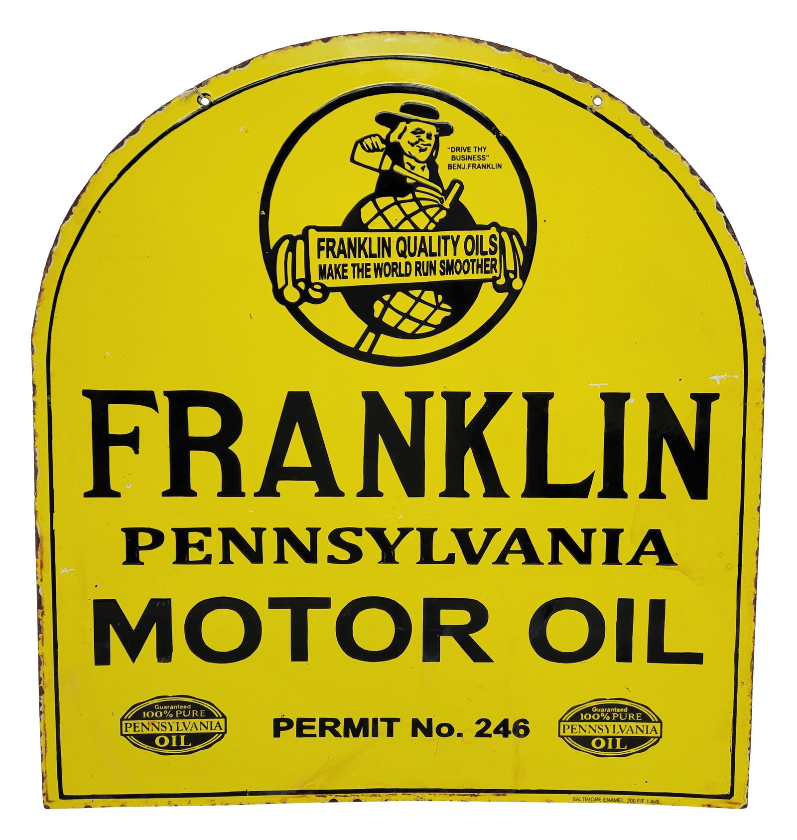 Franklin Pennsylvania Motor Oil DSP Tombstone Sign Reproduction: 25" x 27" reproduction double sided porcelain tombstone sign displays good color and gloss throughout each side with light scuffs, light stains, and several very small chips. The perimeter displays we