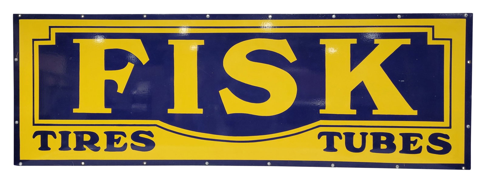 Fisk Tires Tubes Modern Single Sided Sign: 72" x 24" modern single sided sign displays well with excellent color and shine. It features metal grommets at the mounting holes. The field is very clean with a few minor scuffs.