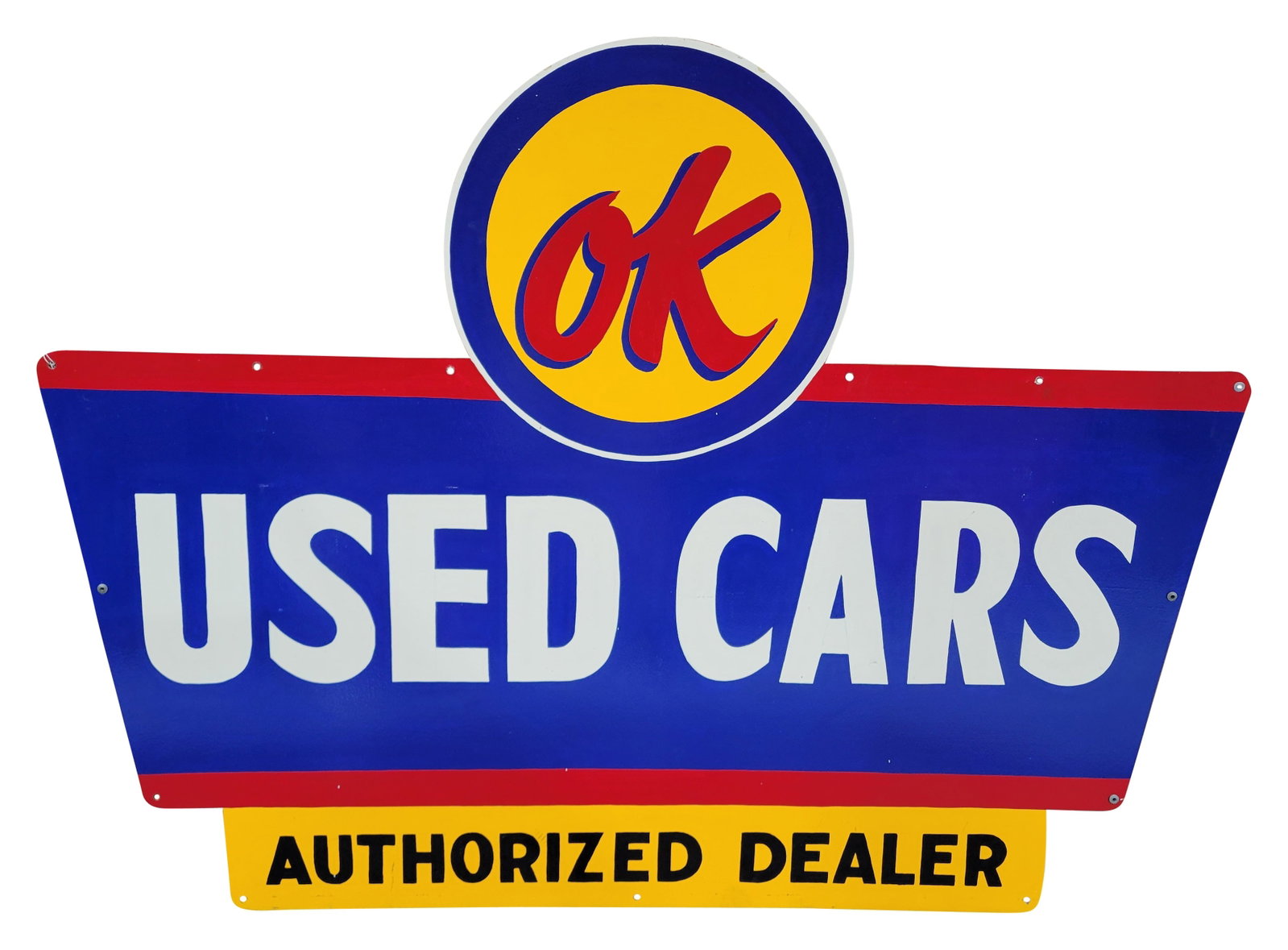 Large OK Used Cars Authorized Dealer Modern Sign: 60" x 45.5" modern professionally painted die cut metal sign display well with strong colors and high shine. There are a few minor scuffs in the field. Modern. Age unknown.