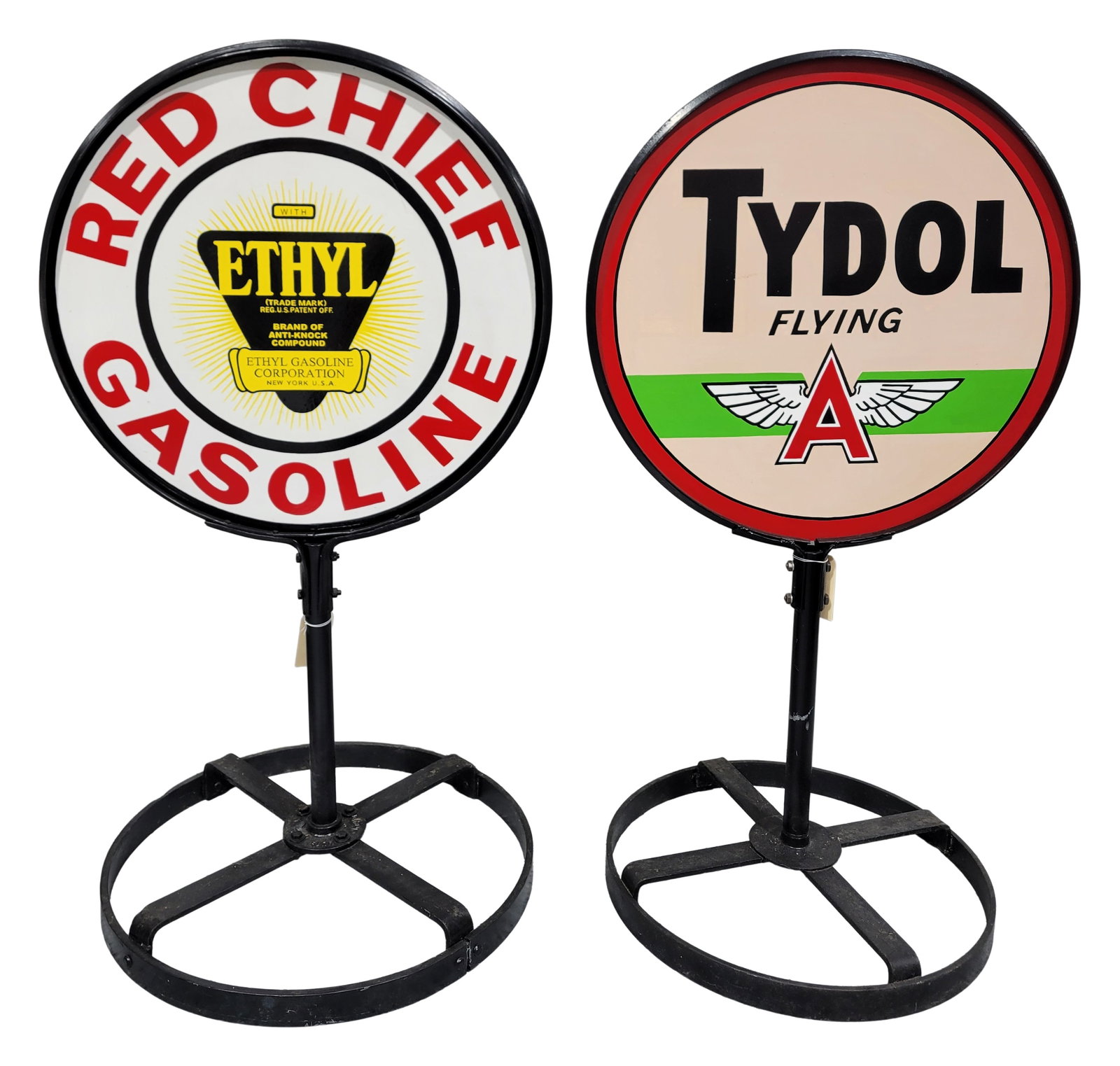 Reproduction Tydol Flying A and Red Chief Lollipop Signs: Lot of 2 reproduction metal lollipop curb signs includes a 30" Tydol sign in excellent condition with a scratch on one side. Also included is a 30" Red Chief Gasoline sign in excellent condition.