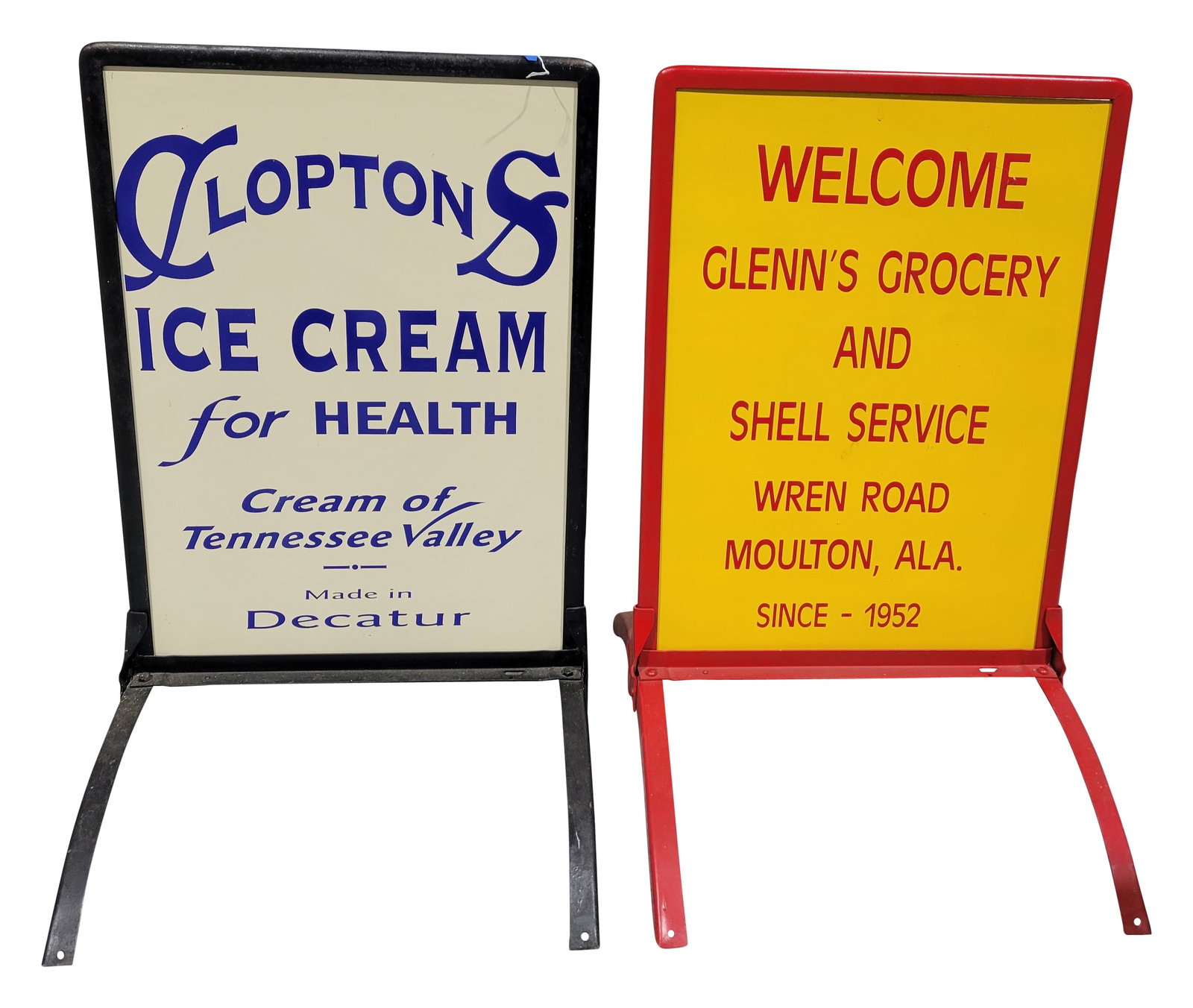 Cloptons Ice Cream For Health, Welcome Glenn's Grocery And Shell Service DST Sidewalk Signs: Lot of 20" x 33.5" x 24" double sided tin sidewalk signs display very good color on each side. They each feature decaled lettering graphics. The metal stands are in good condition and display minor di