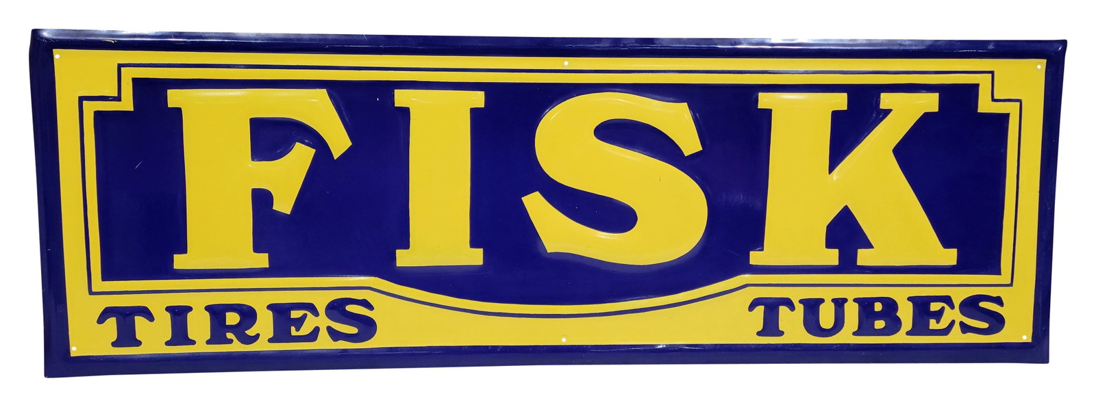 Fisk Tires Tubes Modern SST Embossed Sign: 48" x 16" embossed SST sign displays well with excellent color and high shine. There are a few minor scuffs along the self framed perimeter. Modern. Age unknown.