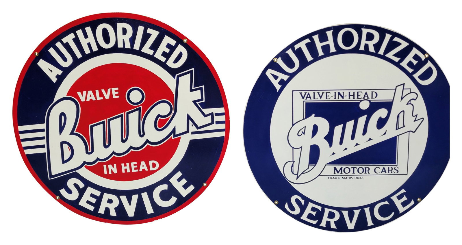 42" Authorized Buick Service and 43" Valve In Head Buick Authorized Service Modern Signs: This lot includes 2 professionally painted single sided metal signs. They both display well with excellent color, good shine, and minor fine scratches. Each one has metal grommets at the mounting hole