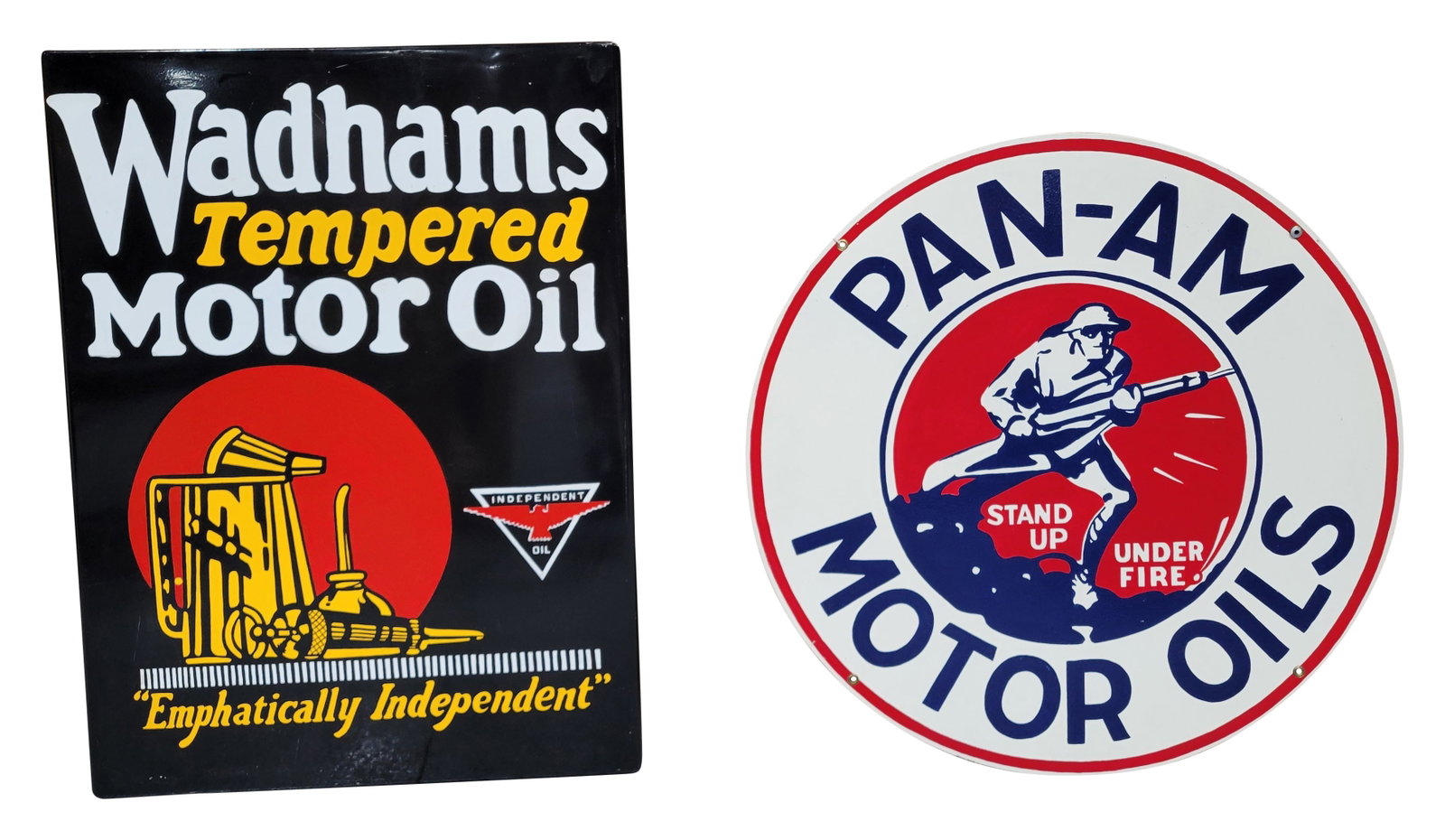 Wadhams Tempered Motor Oil and Pan-Am Motor Oils Modern Signs: This lot includes 2 modern professionally painted signs. The Wadhams sign features rolled edges on 4 sides. It displays well with minor scuffs on the field. The edges have wear with bends and flaked p