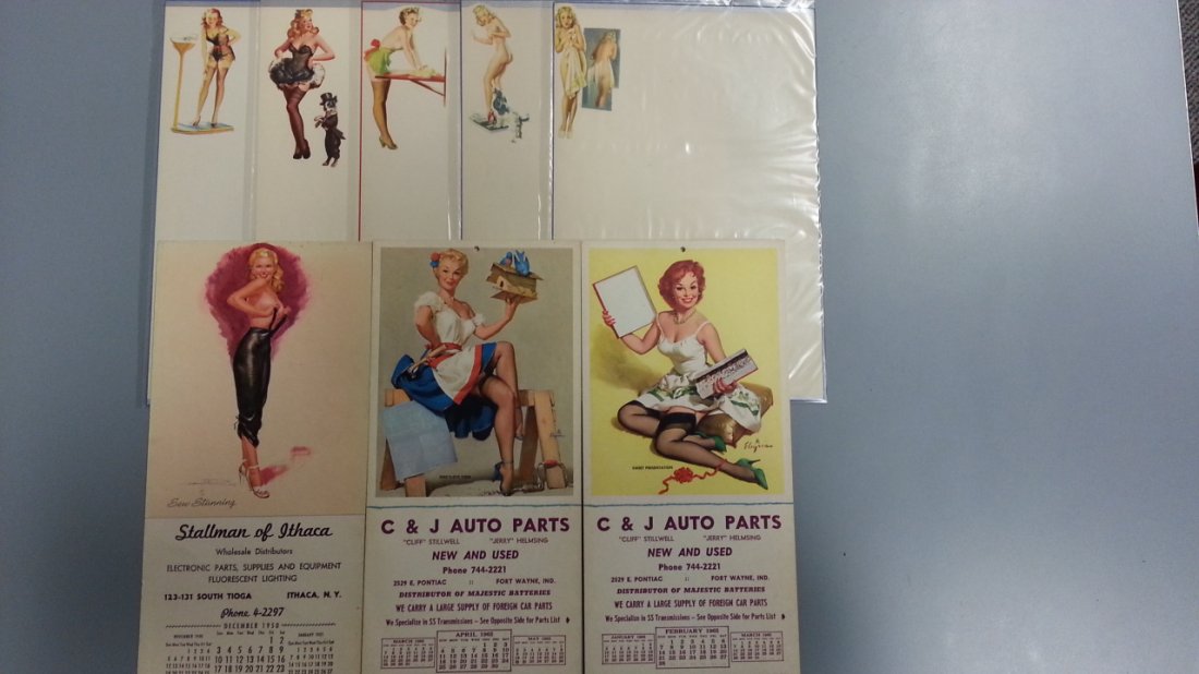 Vintage Pinup Girl Calendars & Stationary Lot: 2 Gil Elvgren pinup girl calendar cards from 1965. Each have three months on the card. One pinup girl calendar card from 1950 with months Dec. 1950 & Jan. 1951. There is a flap that flips up to reveal