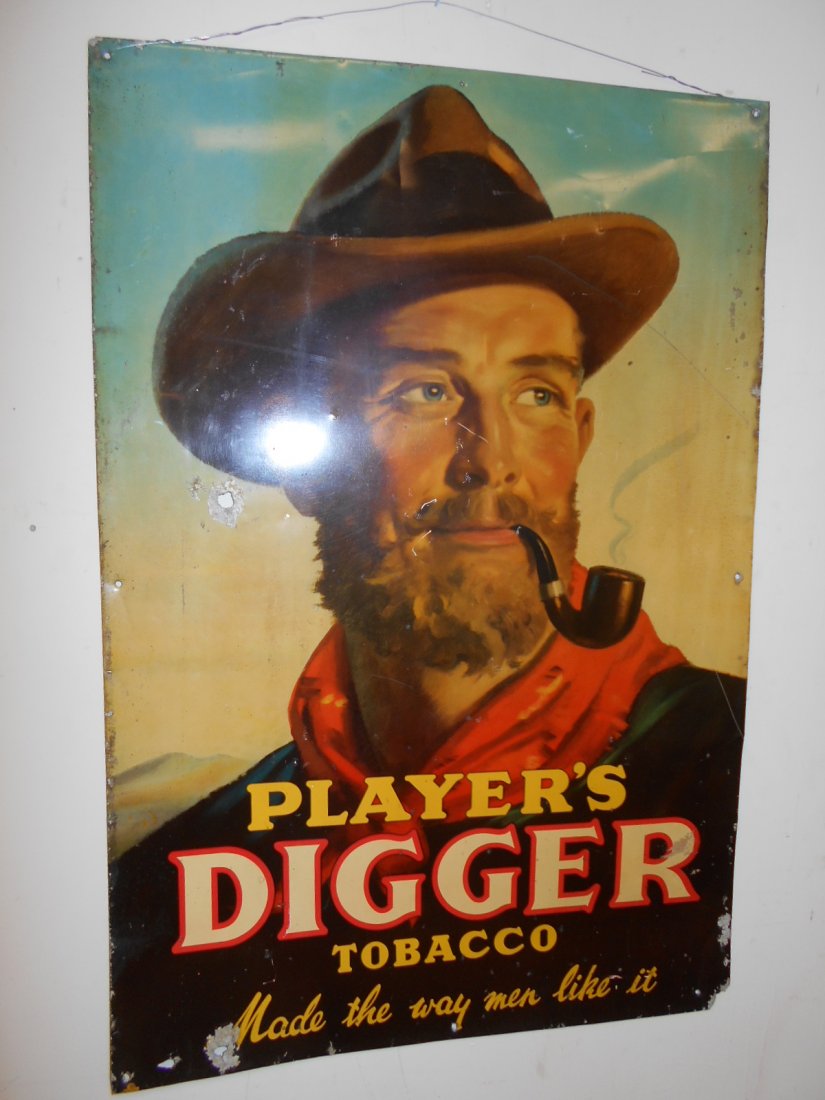 Original Players Digger Tobacco Sign: Nice rare early sign with a couple of small holes. Metal. 19.5" x 29"
