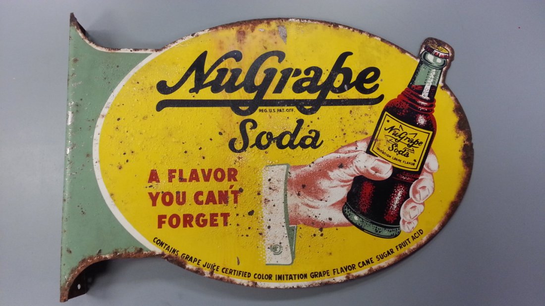 NuGrape Flange Sign 2 sided: Rare sign with paint loss, bubbling, scratches. Made by Stout Sign Co.