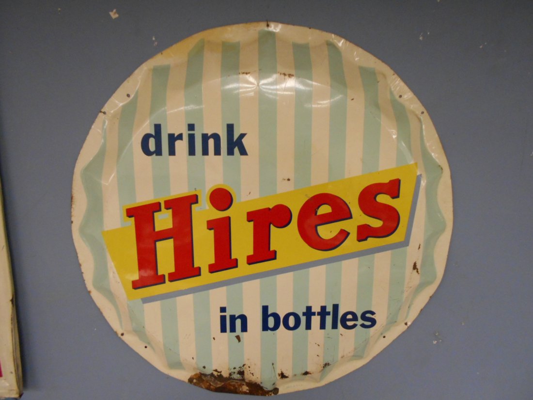 Hires Root Beer bottle cap sign 36": Original 36" Hires root beer bottle cap sign. Paint loss at the bottom of the sign and a few other places as seen in photos.