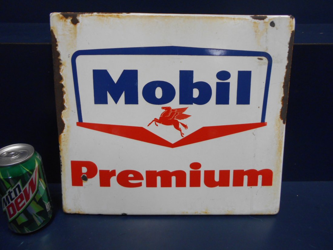 Porcelain Mobil Premium gas pump plate sign: 14" x 12" original pump plate. Missing some porcelain around the edges and next to the P.
