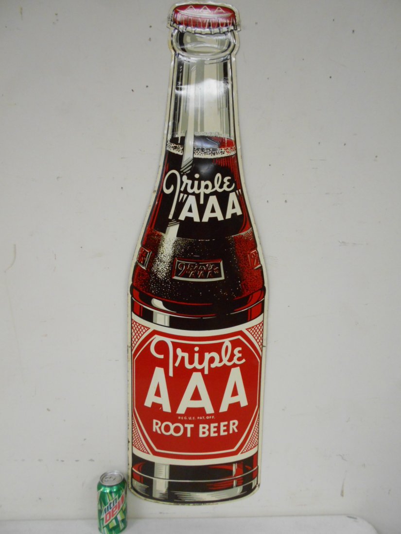 Triple AAA Root Beer Die cut bottle sign: Super gloss with very minor scuffs & scratches. Slight rust in some areas along the edge of the sign. This sign displays very well. 44.5" high.