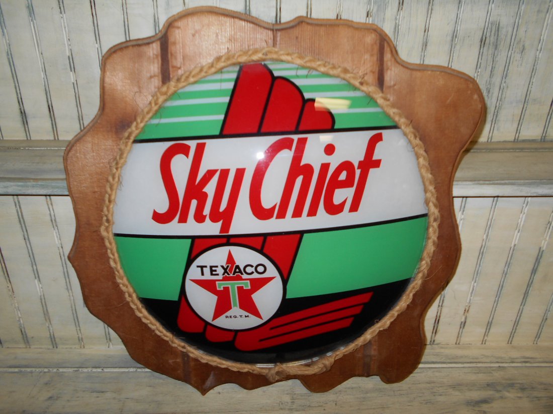 Sky Chief Texaco gas pump globe face: Original gas pump globe face with wood frame.
