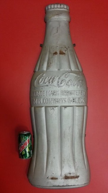 1940's 37" Aluminum Coca Coca Kay display bottle sign: A very scarce Kay display aluminum bottle sign. The aluminum bottle is 37" tall. A great piece for your collection. The bottle is 3d and embossed. Although there are some scuffs and scratches on the p