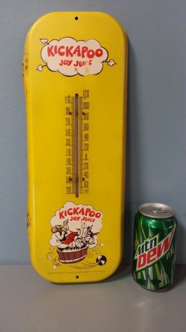 Kickapoo Joy Juice thermometer & soda pop bottle: 1966 Kickapoo Joy Juice thermometer and a 1965 Kickapoo Joy Juice soda pop bottle