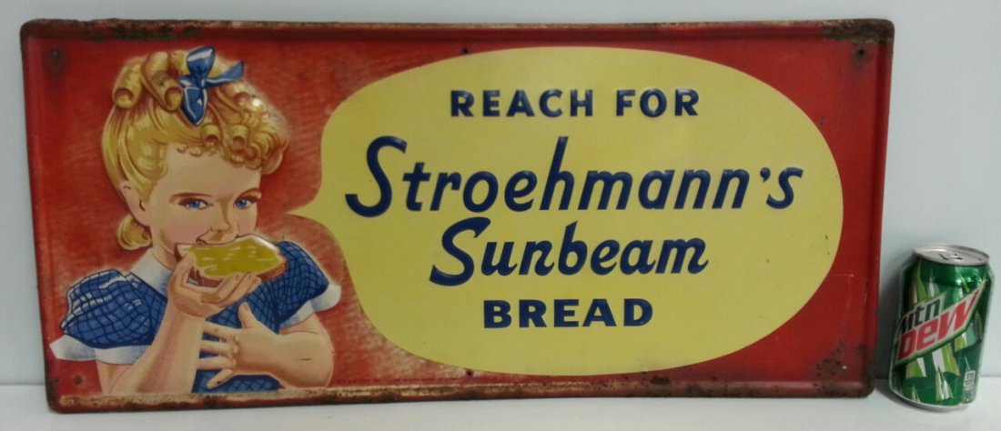 Stroehmann's Sunbeam Bread advertising sign: 1950's Stroehmann's bread sign with little Miss Sunbeam embossed. Nice vintage sign.