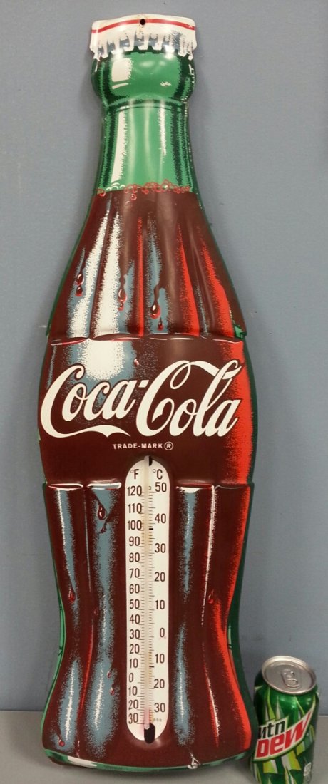 28" Coca Cola die cut bottle thermometer sign: Large metal Coca Cola thermometer. 28", thermometer is broke