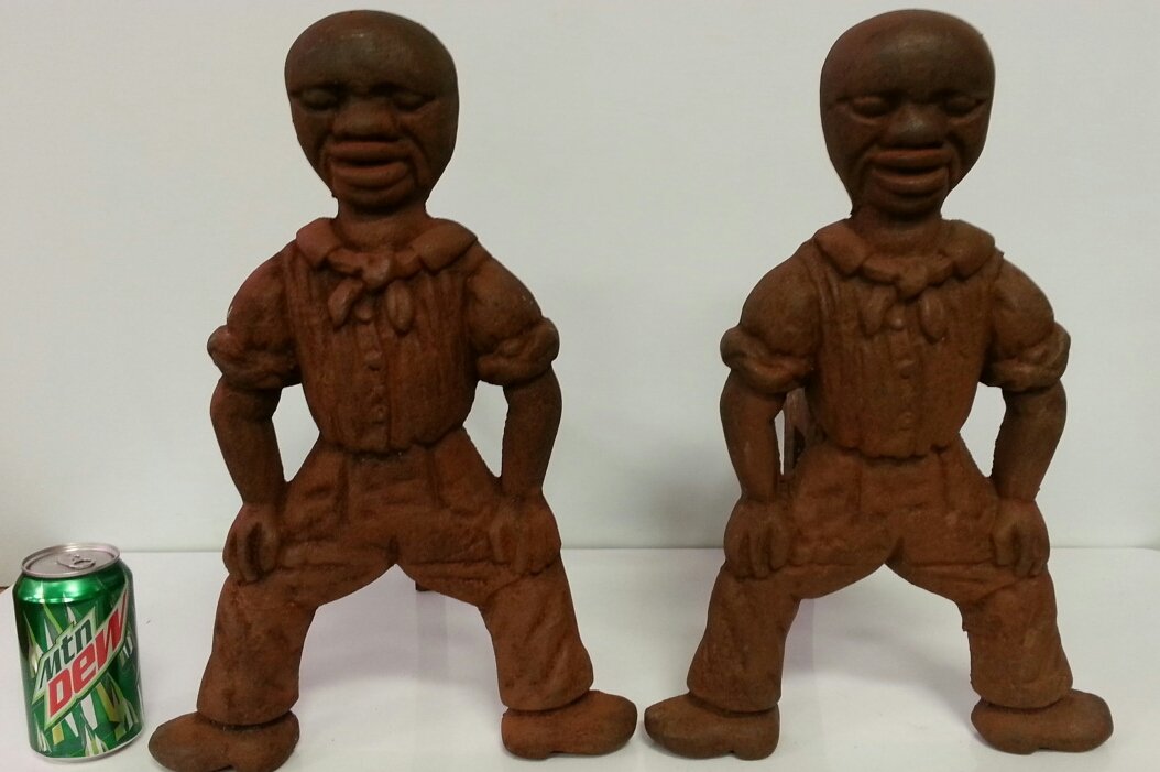 Black sailor cast iron andirons: Complete pair of sailor andirons. Cast iron.