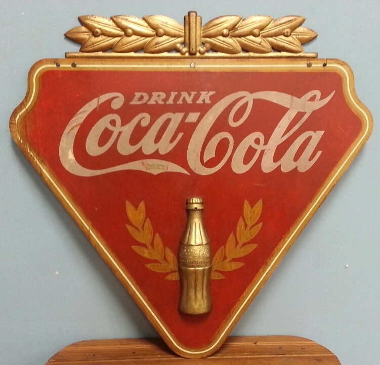 1930's Kay Display Wooden Coca Cola Advertising Sign: 23" x 23" Rare 1930's original wood Kay display sign with metal Coca Cola bottle and metal fringe on top. The Kay Display stamp is on the back of the sign. Very hard sign to find in this condition.