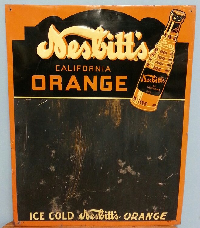 Nesbitt's menu board soda pop advertising sign: Original embossed metal Nesbitt's menu board.
