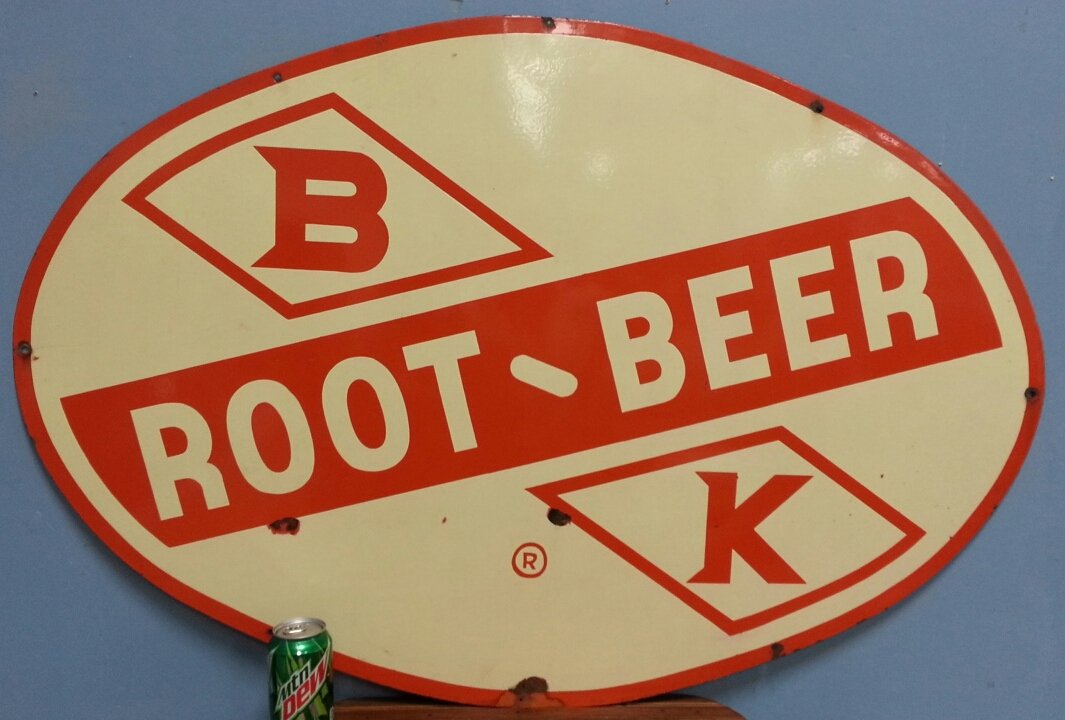 Porcelain BK Root Beer advertising sign: 45"w x 30"h Porcelain oval BK Root Beer sign.