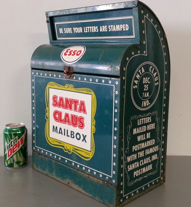 ESSO service station Santa Claus letter mailbox.: Original 1950's Santa Claus mailbox that was displayed at the local Esso service station. Letters mailed in the box would reach the kids post marked from Santa. The ESSO logo is on the front. 12.5"w x
