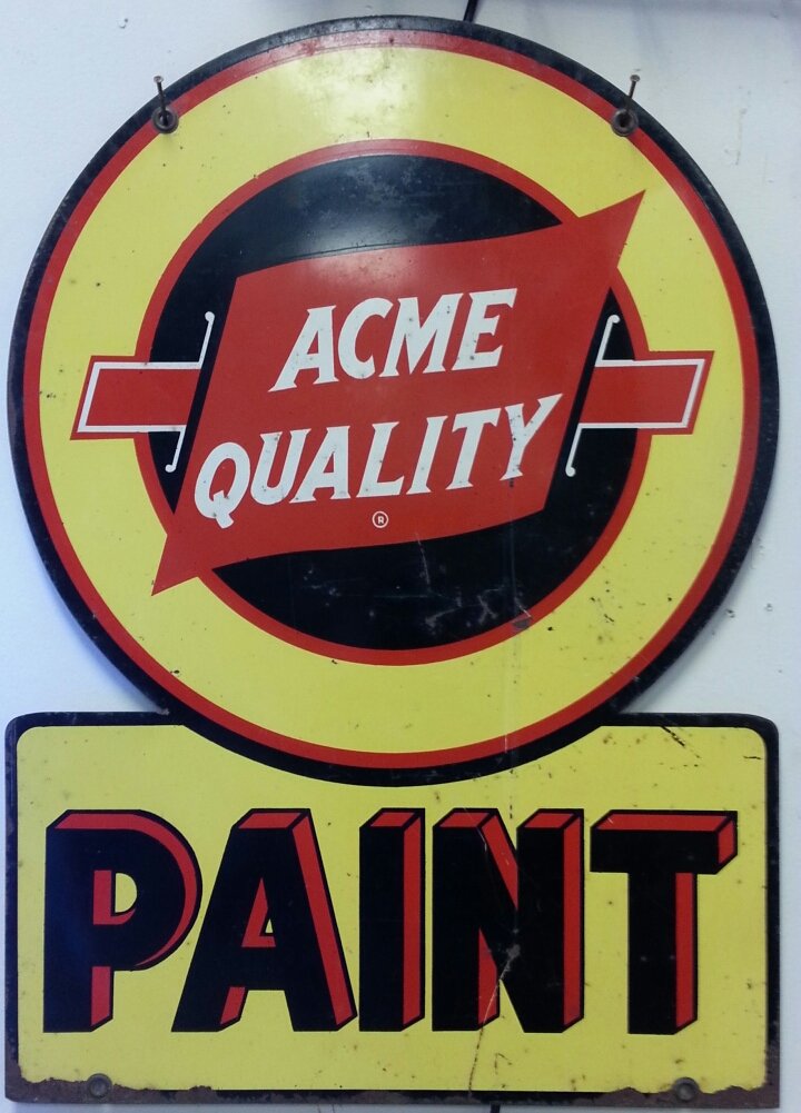 2 sided Acme Quality Paint advertising sign: 20"w x 28"h heavy painted Acme Quality paint sign.