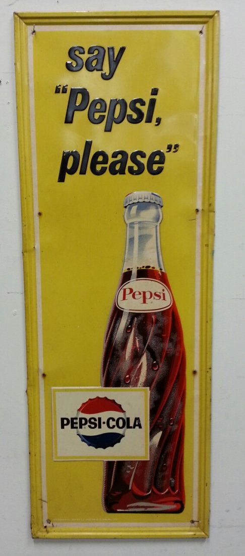 Metal Pepsi Cola advertising soda pop sign: Original 17"w x 46.5"h embossed Pepsi sign.