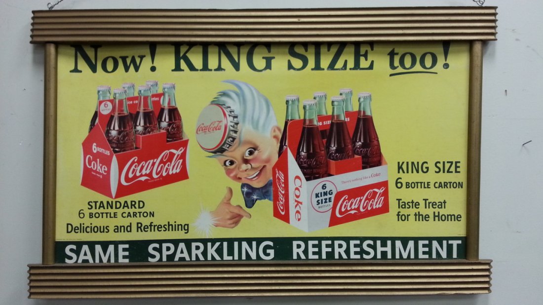 Coca Cola Sprite Boy Cardboard sign & Kay display frame: Vintage 1955 Sprite Boy Coca Cola cardboard with wooden Kay display coke frame. Frame is stamped on the back with Kay display.