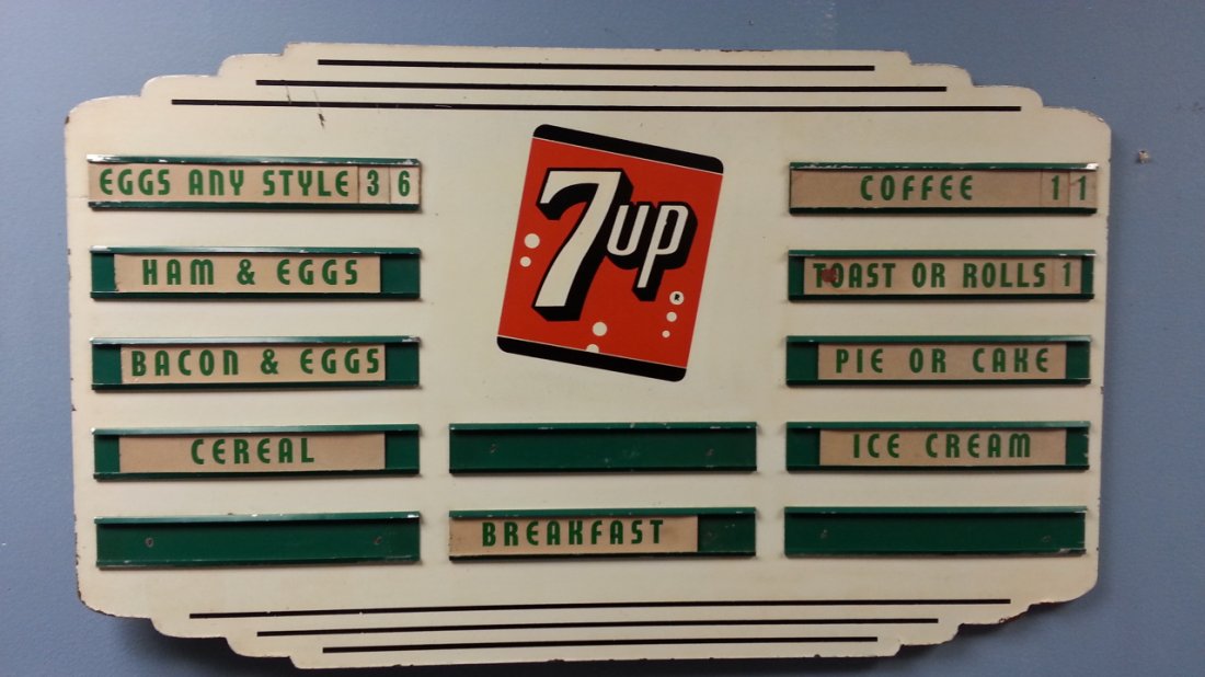 1940's 7up advertising masonite menu board sign: Original 7up menu board with deco design. Comes with some original breakfast menu item inserts.