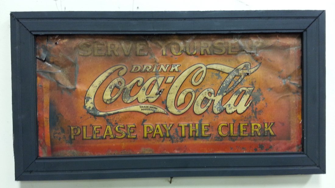 1930's Tin Coca Cola advertising soda pop sign: Original scarce embossed Serve Yourself Drink Coca Cola tin sign. This sign would have been displayed in an early Coca Cola ice cooler.