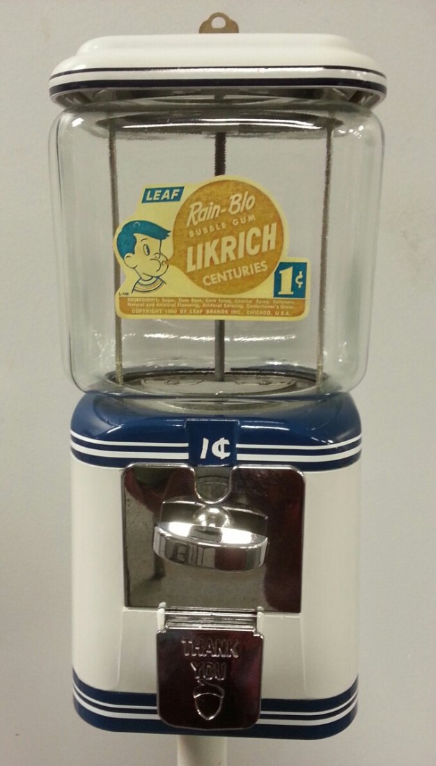 Restored 1 cent Rain -Blo bubble gum machine: coin operated bubble gum machine. Circa 1960. Restored with new paint and pinstripes.