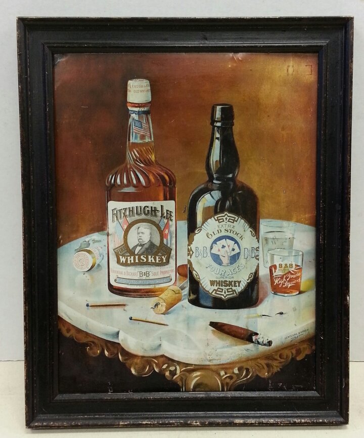 B&B High Grade Liquors Whiskey Atlanta, Ga. Tin sign: 1880's Framed tin sign with 2 whiskey bottles on table. Fitzhugh Lee (relative of Robert E. Lee) & "Four Aces". The whiskey glasses are labeled B&B Atlanta Ga. High Grade Liquors. Framed 17" x 21" Sen