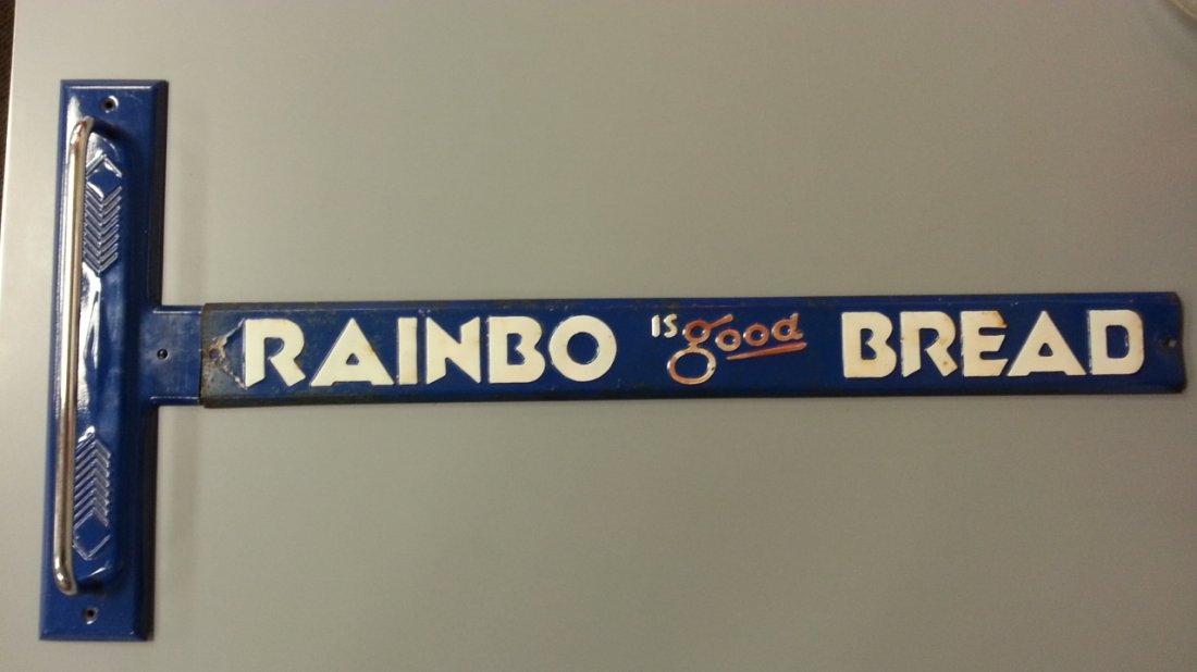 Rainbo Bread advertising door push / pull: Vintage metal Rainbo Bread door push/pull with chrome handle.