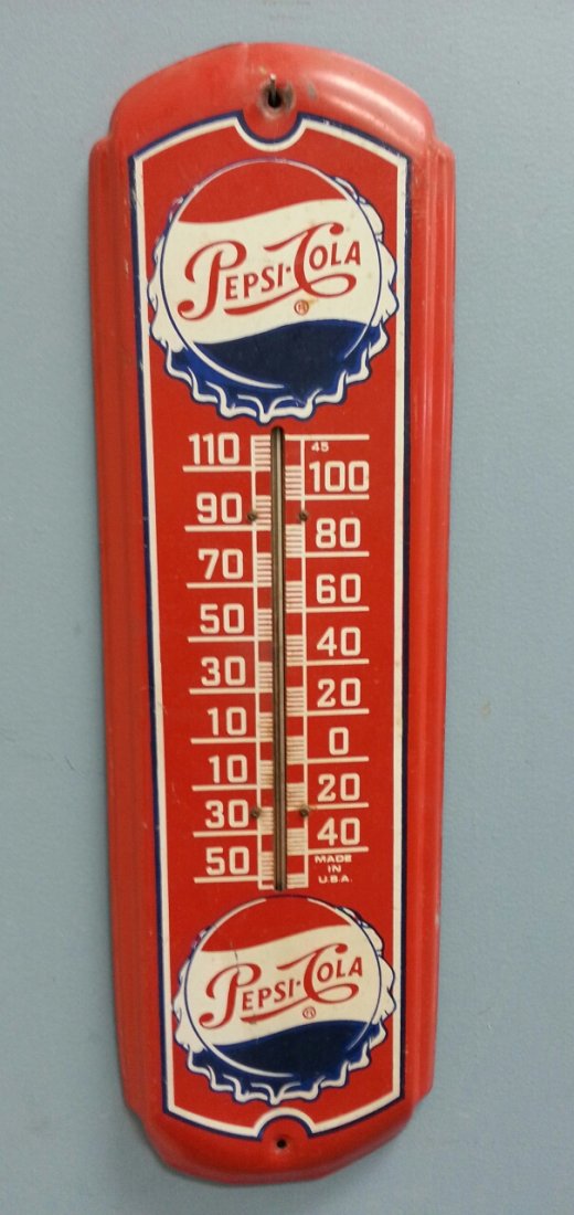 Pepsi Cola advertising soda pop thermometer: Original 27" red Pepsi thermometer with bottle cap logos on top and bottom.