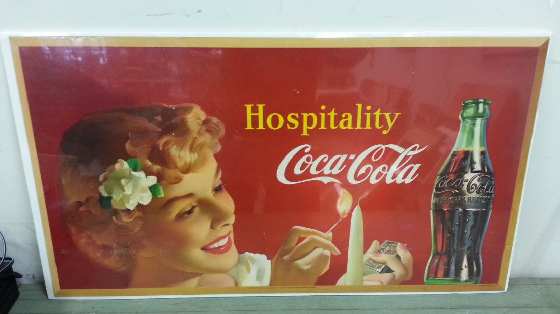 Original Hospitality Coca Cola cardboard sign: Beautiful 1950 Coca Cola cardboard sign with girl lighting a candle. Great color.