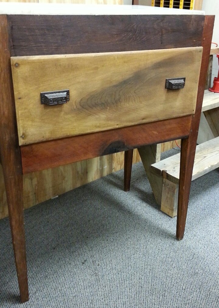 Southern Biscuit Table: One drawer southern biscuit table. Marble top and pegged with tapered legs. 31"w x 19.5"d x 40"h.