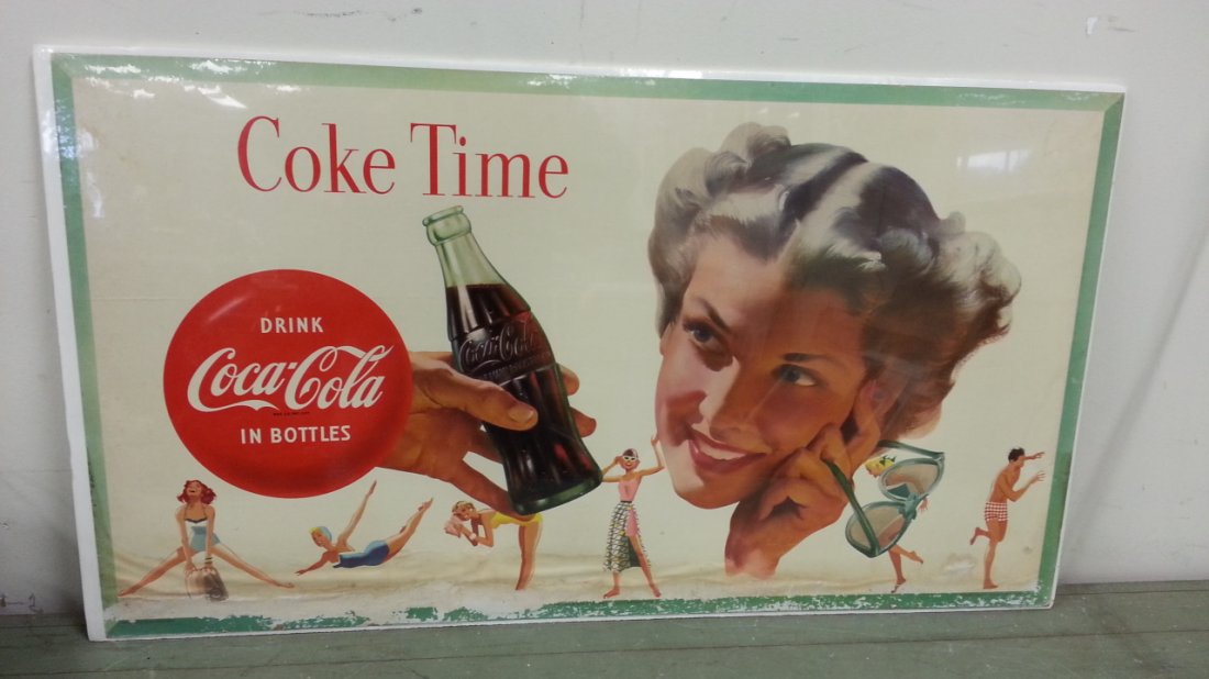 1955 Coca Cola cardboard sign - Coke Time: 35.5"w x 20"h Coca Cola cardboard sign with different 1950's poses.