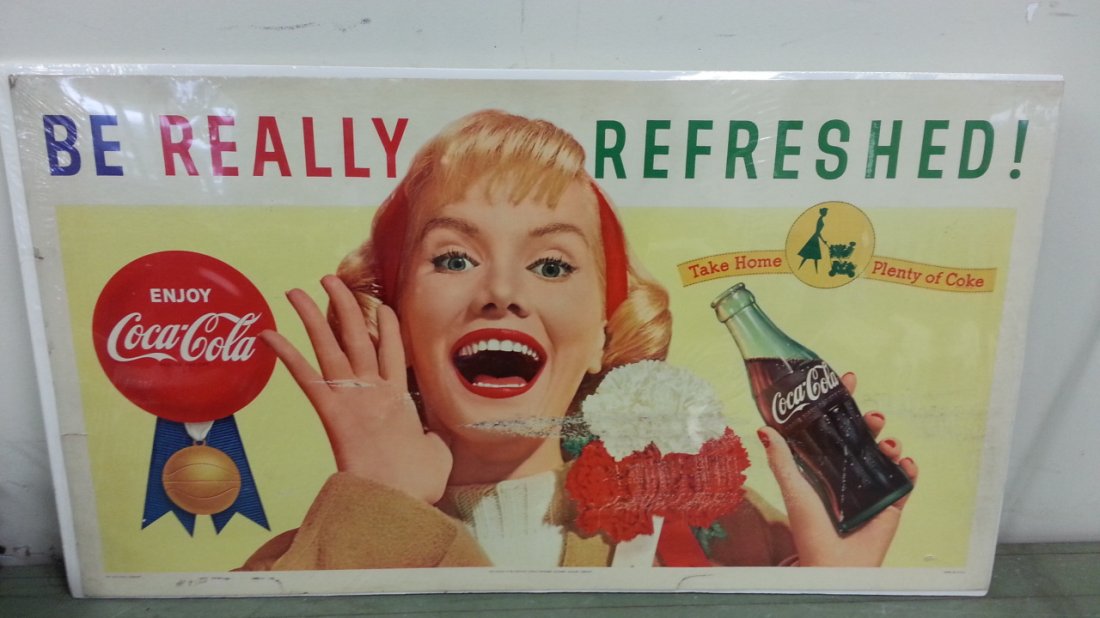 1950's Coca Cola cardboard sign - Be Really Refreshed: 35.5"w x 20" Coca Cola cardboard sign with girl holding bottle.