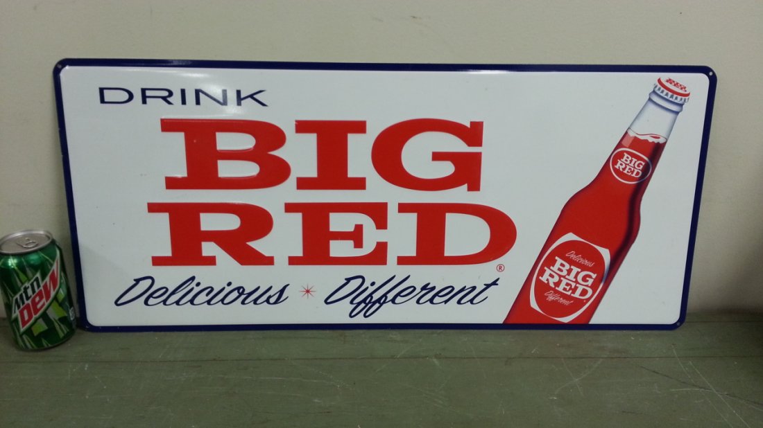 Drink Big Red Sign: Embossed Drink Big Red soda pop sign. NOT VINTAGE. 27.5"w x 12"h.