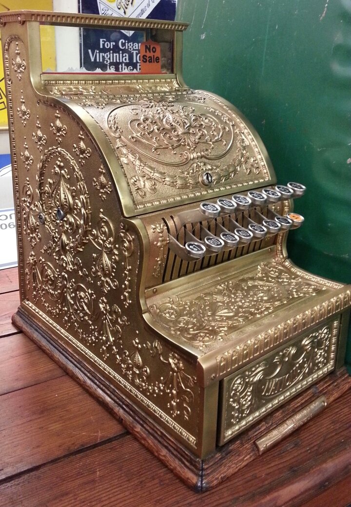 National Cash Register: Restored model 311 Circa 1910. Works. Beautiful detail on the register cabinet.