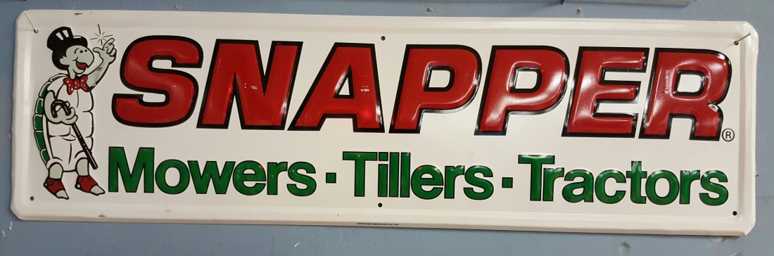 Embossed Snapper Advertising sign: 32"w x 9"h 1979 embossed Snapper Mowers, Tillers, Tractors sign with turtle. Made by Scioto sign company.