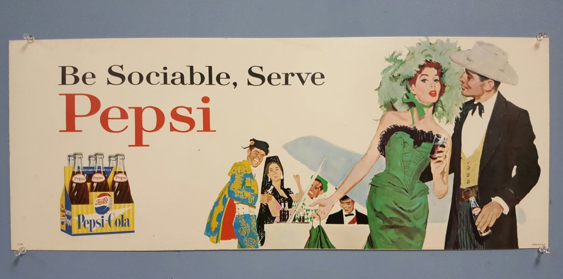 NOS Pepsi Cardboard sign: 28"w x 11"h Pepsi Cardboard sign "Be Sociable, Serve Pepsi". pictures lady in dress and man in cowboy hat.